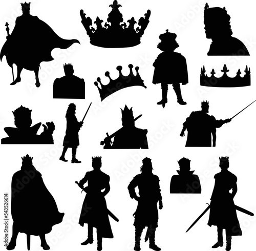 Medieval king silhouettes in different poses with crowns and swords