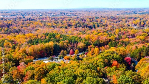 Aerial shot of a road hidden among colorful fall trees in Greensboro, NC Piedmont Triad photo