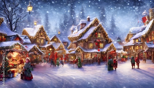The winter christmas village is a beautiful scene. The snow is falling gently and the houses are all decorated for the holidays. The people are out and about, enjoying the festive atmosphere. © dreamyart