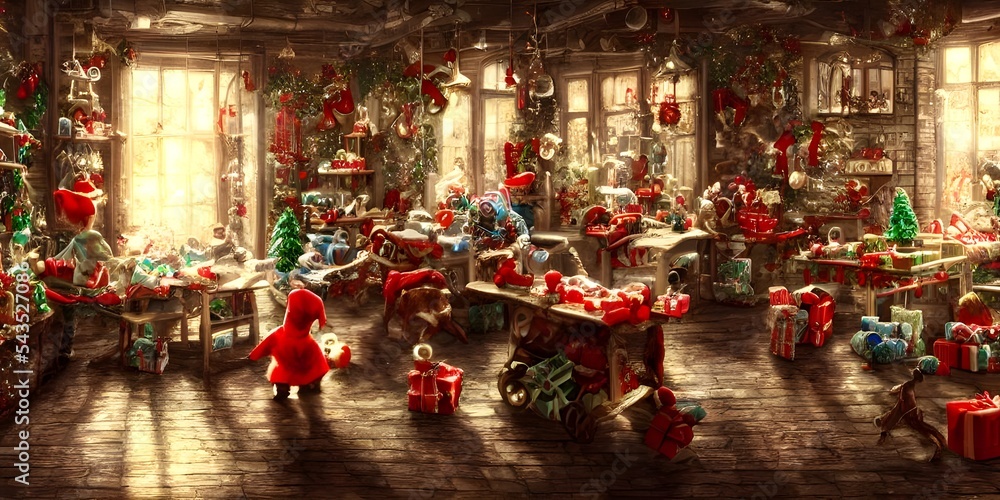 This is a picture of a Christmas toy factory. In the foreground, there are elves wrapping presents and in the background, there are toys being made on conveyor belts. Santa Claus is standing in the mi