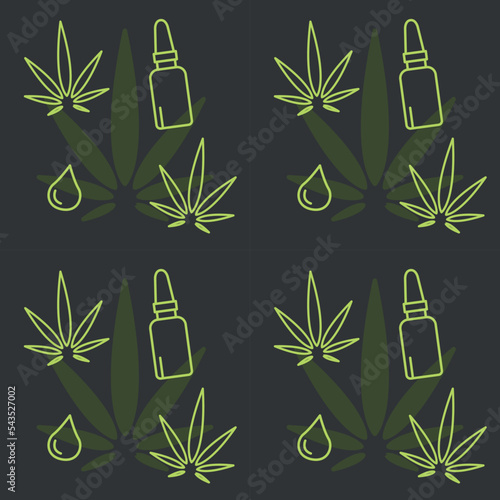 CBD oil seamless pattern design, cannabidiol repeat background template, cannabis oil icons, alternative hemp medicine vector, hash extract repetitive illustration, surface wallpaper