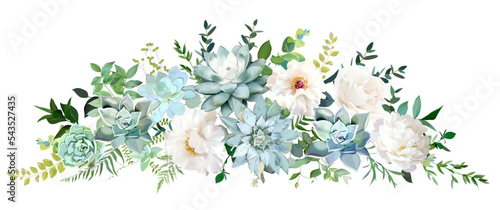 Classic white peony, ivory rose, blue echeveria succulents, eucalyptus, fern, herbs, greenery vector design