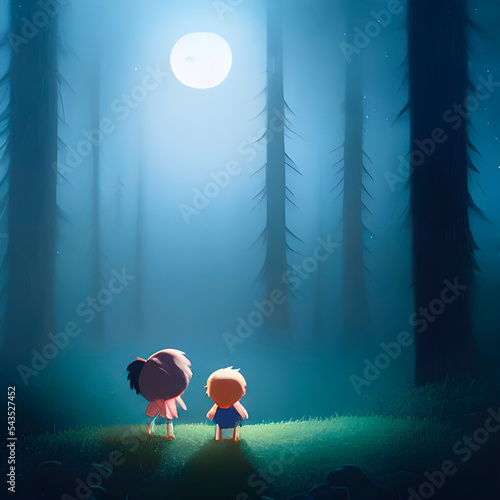 Fototapeta a small boy discovers a giant hairy monster in a misty moonlit forest, surrounde