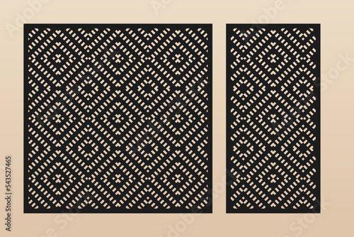 Laser cut pattern. Vector set of modern ethnic ornament, abstract geometric grid. Folk style design. Template for cnc cutting, decorative panels of wood, metal, plastic, paper. Aspect ratio 1:1, 1:2