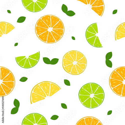 Citrus pattern with slices of lemon lime and orange leaves vector