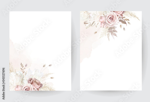 Modern beige and blush trendy vector design frames. Pastel pampas grass, fern, white peony