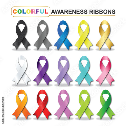 Colorful awareness ribbons on white background. Collection of ribbons.  Health concept design set.