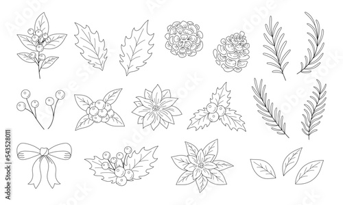 クリスマスの植物イラスト素材セット, 柊の葉っぱや木の実と花, 白背景に黒色の線画.