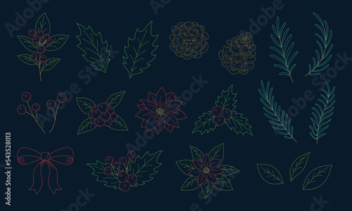 クリスマスの植物イラスト素材セット, 柊の葉っぱや木の実と花, ネイビーの背景にカラフルな線画.