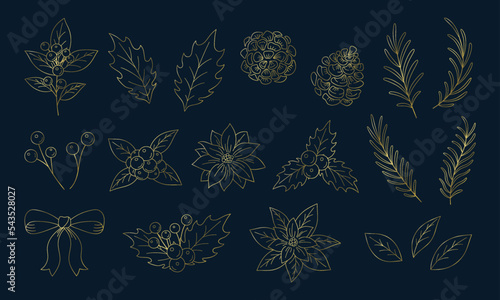 クリスマスの植物イラスト素材セット, 柊の葉っぱや木の実と花, ネイビーの背景に金色の線画.