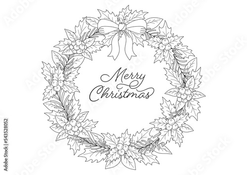 クリスマスリースの線画イラスト, デザインフレーム, クリスマスの装飾, 白背景に黒色の線画.