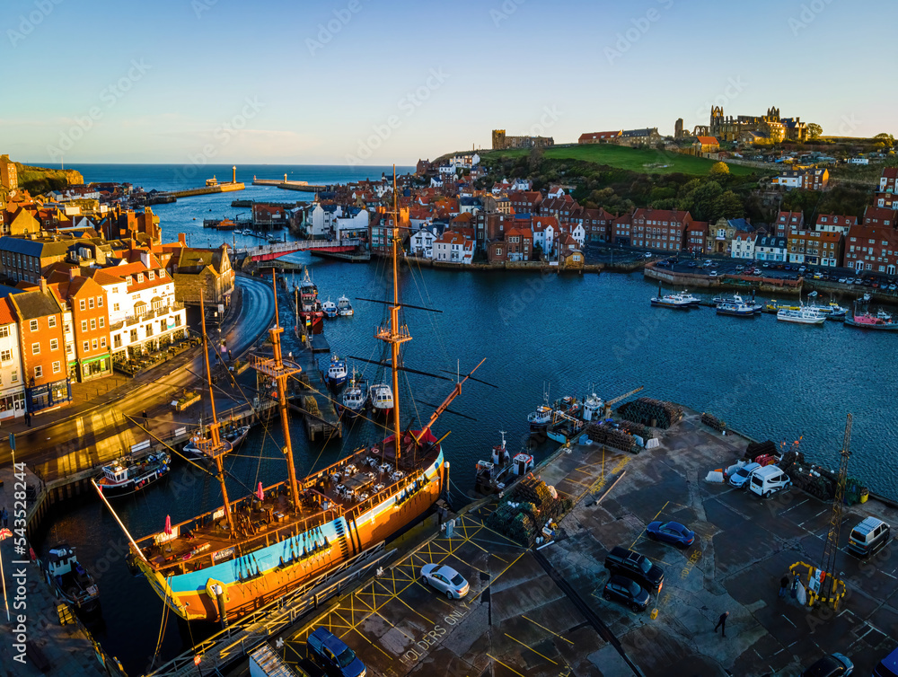 Morning view of Whitby, a seside city overlooking the North Sea in North Yorkshire, England