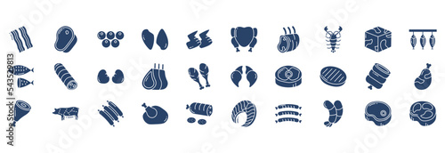 Collection of icons related to Meat and Non veg, including icons like Bacon strips, Beef, Caviar, Chicken breast and more. vector illustrations, Pixel Perfect set
