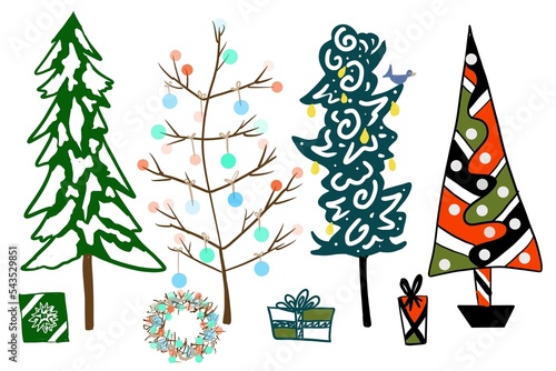 Cute Fun Handrawn Christmas  Trees with Child like appeal and look great for ads, Charlie Brown Tree,  logos, packaging, iconic styles modern and cheerfu;