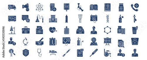 Collection of icons related to Medical and Hospital, including icons like Ambulance, Atom, Blood, Bone and more. vector illustrations, Pixel Perfect set
