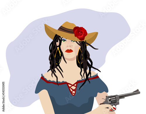 Vector vintage portrait of young attractive  girl in cowboy hat with a gun. Wild beauty. Retro cowgirl.