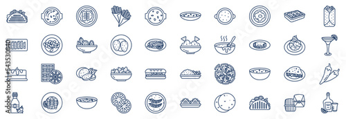 Collection of icons related to Mexican food, including icons like Soup, Cocido, Churro, Duros, Fajita and more. vector illustrations, Pixel Perfect set
