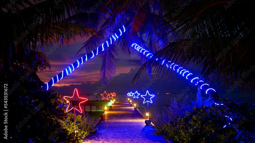 christmas lights on the street, palm trees decorated with illumination, star lighting along the pathway road, celebration of new year holiday at tropical island, visual frame, night view