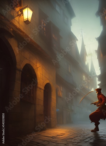 Anthropomorphic boy thief sneaking through a medieval town by night