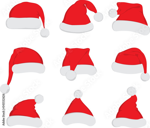 Santa Claus red hat set cut. Santa hat, Santa red hat isolated on white. New Year santa red hat . Santa head hat vector. Santa Christmas hat decoration vector. Cartoon santa cap xmas celebration