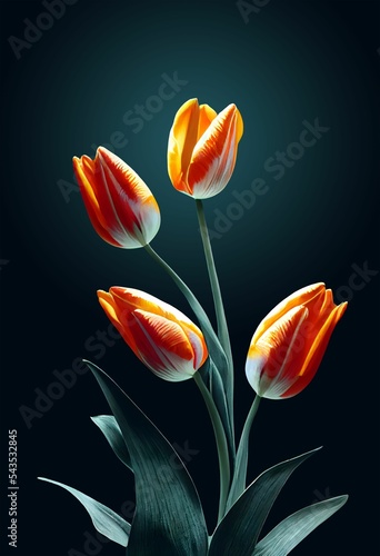 Vertical illustration of realistic tulips isolated on a dark green background