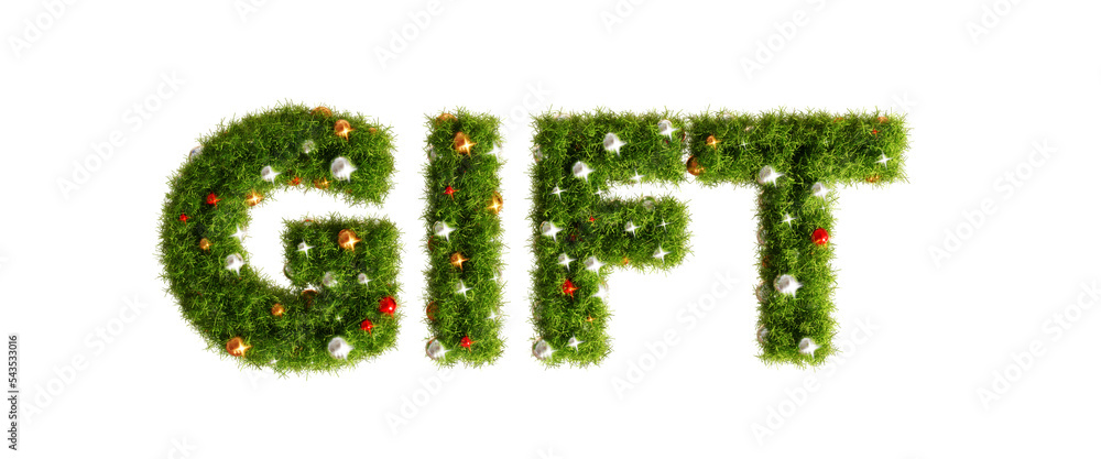 Beautiful christmas wreath in the shape of text GIFT on transparent background, top view with space for text (RGBA 3D Rendering PNG) Beautiful christmas wreath in the shape of text GIFT on transparent background, top view with space for text (RGBA 3D Rendering PNG)