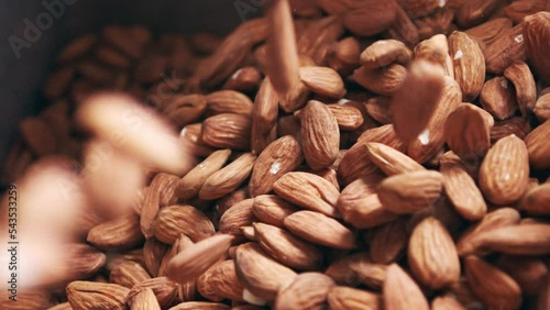 Slow motion of Almonds falling from a conveyor belt in a processing facility photo