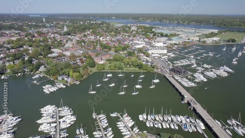 Aerial, drone shot of Annapolis with the harbor and state capitol building view, Maryland photo