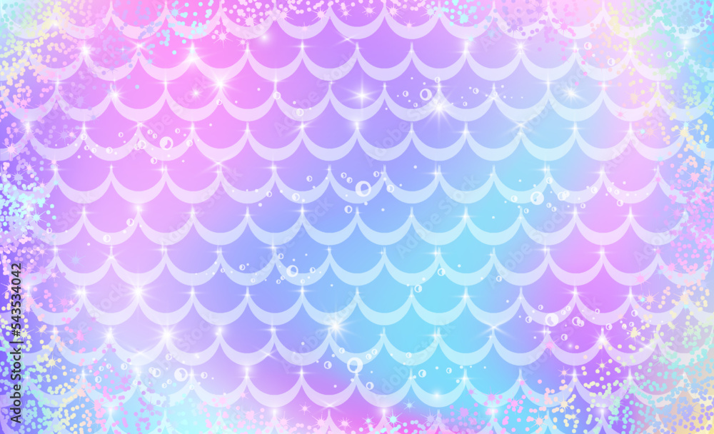 Mermaid rainbow scales. Fantasy background in sparkling stars and bubbles for design.