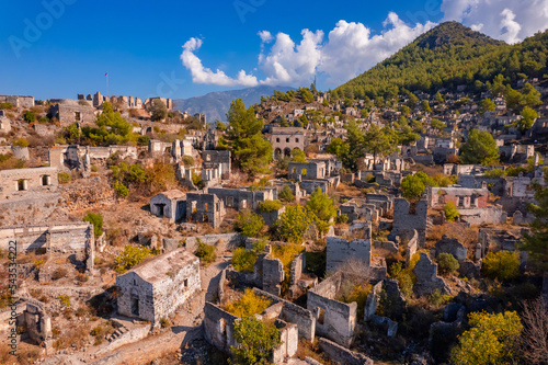 Aerial top view ancient city of stone lycian Greek village of Kayakoy, Fethiye Turkey photo