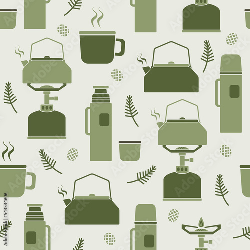 Seamless pattern with camping gas stove and coffee kettle, thermos bottles, outdoor coffee break.