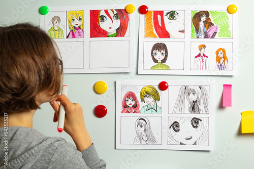 An artist draws a storyboard of an anime comics book. Manga style.