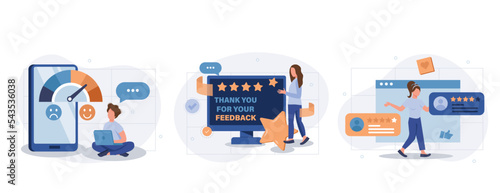 Feedback page web concept with people scenes set in flat style. Bundle of customer satisfaction, high rating stars and likes, positive client experience. Vector illustration with character design