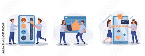 Feedback page web concept with people scenes set in flat style. Bundle of customer satisfaction, high rating stars and likes, positive client experience. Vector illustration with character design