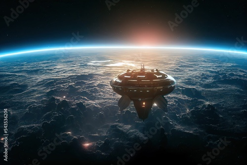 Canvas Print Alien flying saucer in planet Earth space