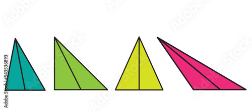 set of multi-colored triangles, median drawn to the base of the triangle, poster, didactic material, visual aid