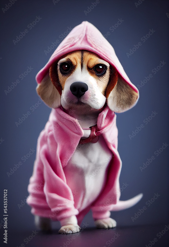 Adorable beagle dog in pink hoodie in studio photography. A cute spotted dog is looking into the frame