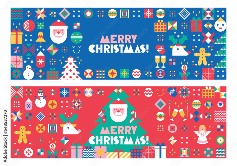 Set of Christmas festive banner with geometric mosaic elements and holiday's simbols. Vector illustration,  creative trendy concept. Background, decoration for promotion, event, sale, branding.
