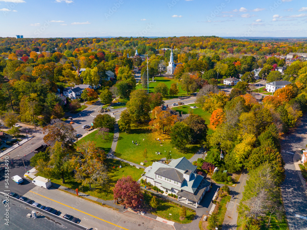 Lexington town center aerial view in fall including Visitor Center