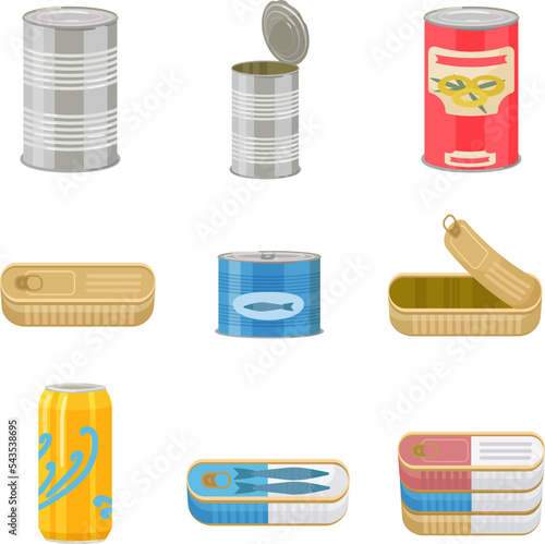 Tin can icons set cartoon vector. Tin can. Corn grocery