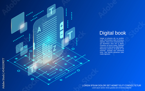 Digital book, online reading flat 3d isometric style vector concept illustration