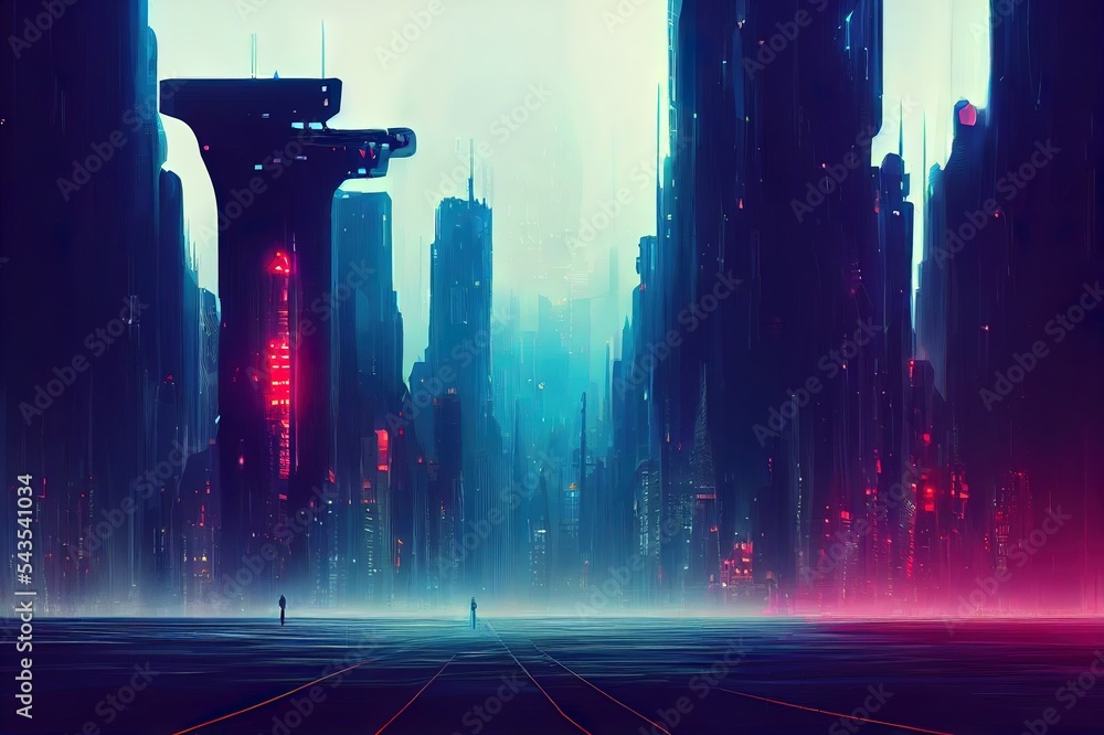 Cyberpunk city, abstract illustration, futuristic city, dystoptic artwork  at night, 4k wallpaper, Stock Illustration