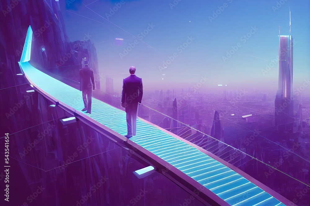 High angle view on man walk on the digital bridge to futuristic