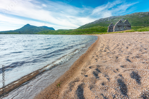 Calda House ruins and beach at Loch Assynt,Historical landmark,Lairg,Highlands of Scotland,UK. photo