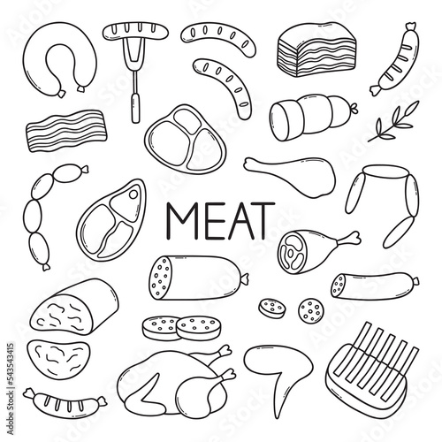 Meat doodle set. Sausages, steaks, ribs, pork, beef in sketch style. Hand drawn vector illustration isolated on white background