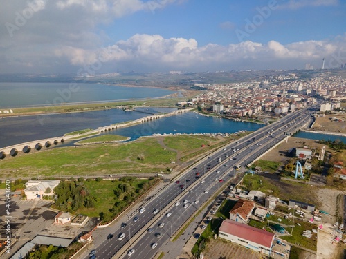 Aerial view of the Mimarsinan bridge and cityscape on a sunny day photo