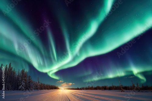 Spectacular aurora borealis  northern lights  over a track through winter landscape in Finnish Lapland.