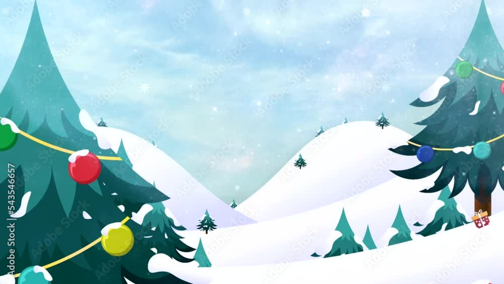Christmas tree outdoor, lighting decorations and gifts, it's snowing bright clouds on the snow mountain. Snow covered winter forest under stormy snowfall and sky. Winter scene as 4k animation loop