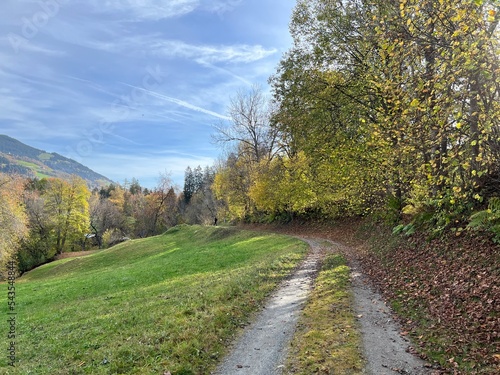 The autumn ambience of hiking trails and tourist-recreational walkways on the slopes of the Swiss Alps, Ilanz - Canton of Grisons, Switzerland (Kanton Graubünden, Schweiz) photo