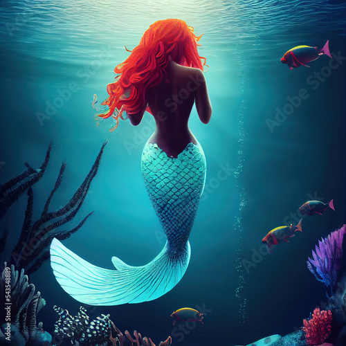 Beautiful black mermaid in the water. Randomly generated not based on a real person. Raster Illustration	
